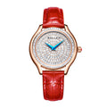 Sollen SL436 Women's Quartz Watch - 36mm Full Pave Crystal Dial Ruby Crown Genuine Leather Strap Wristwatch