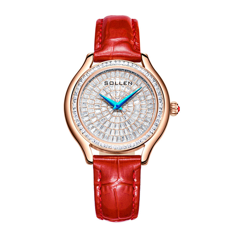 Sollen SL436 Women's Quartz Watch - 36mm Full Pave Crystal Dial Ruby Crown Genuine Leather Strap Wristwatch