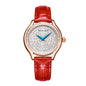 Sollen SL436 Women's Quartz Watch - 36mm Full Pave Crystal Dial Ruby Crown Genuine Leather Strap Wristwatch