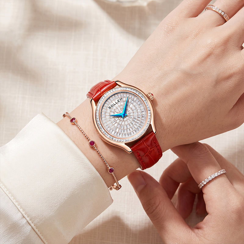 Sollen SL436 Women's Quartz Watch - 36mm Full Pave Crystal Dial Ruby Crown Genuine Leather Strap Wristwatch