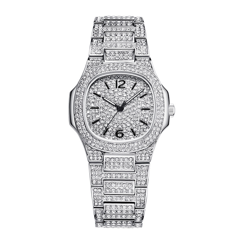 Sollen SL437 Women's Quartz Watch - 33x30mm Full Pave Crystal Dial Fully Iced Out Stainless Steel Bracelet Wristwatch