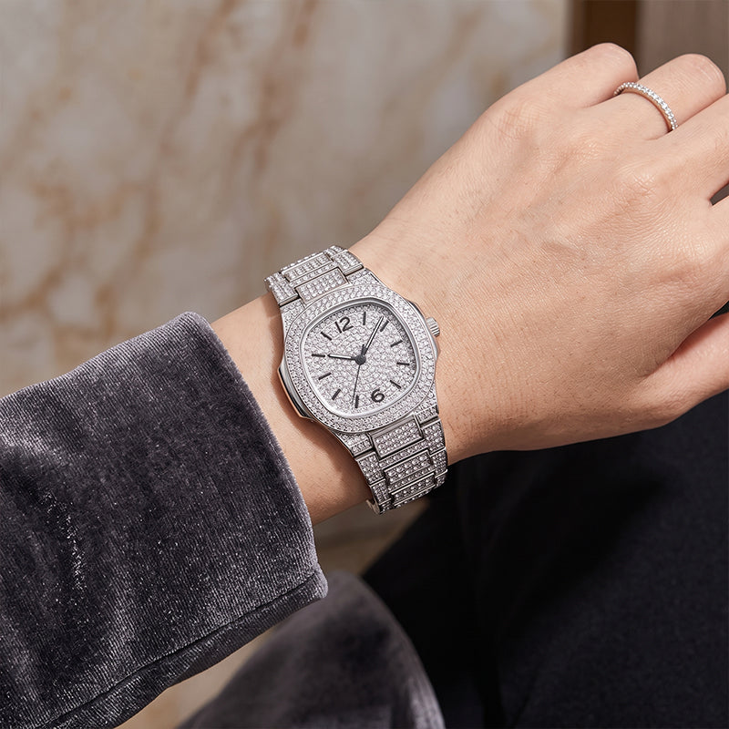 Sollen SL437 Women's Quartz Watch - 33x30mm Full Pave Crystal Dial Fully Iced Out Stainless Steel Bracelet Wristwatch