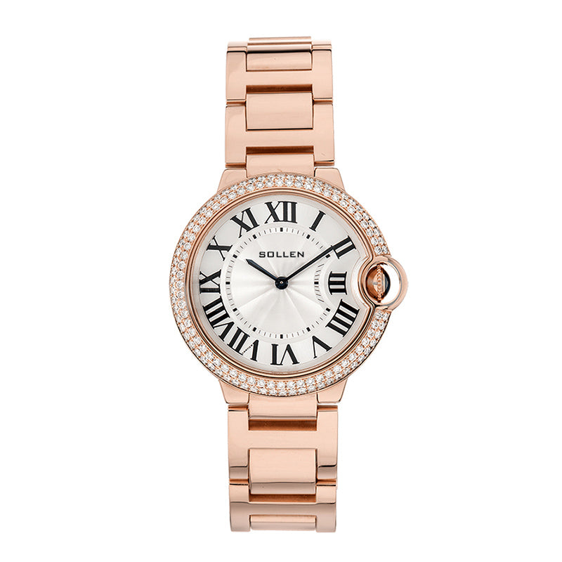Sollen SL439 Quartz Watch - Women's Stainless Steel Round Crystal-Bezel Wristwatch