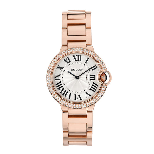 Sollen SL439 Quartz Watch - Women's Stainless Steel Round Crystal-Bezel Wristwatch