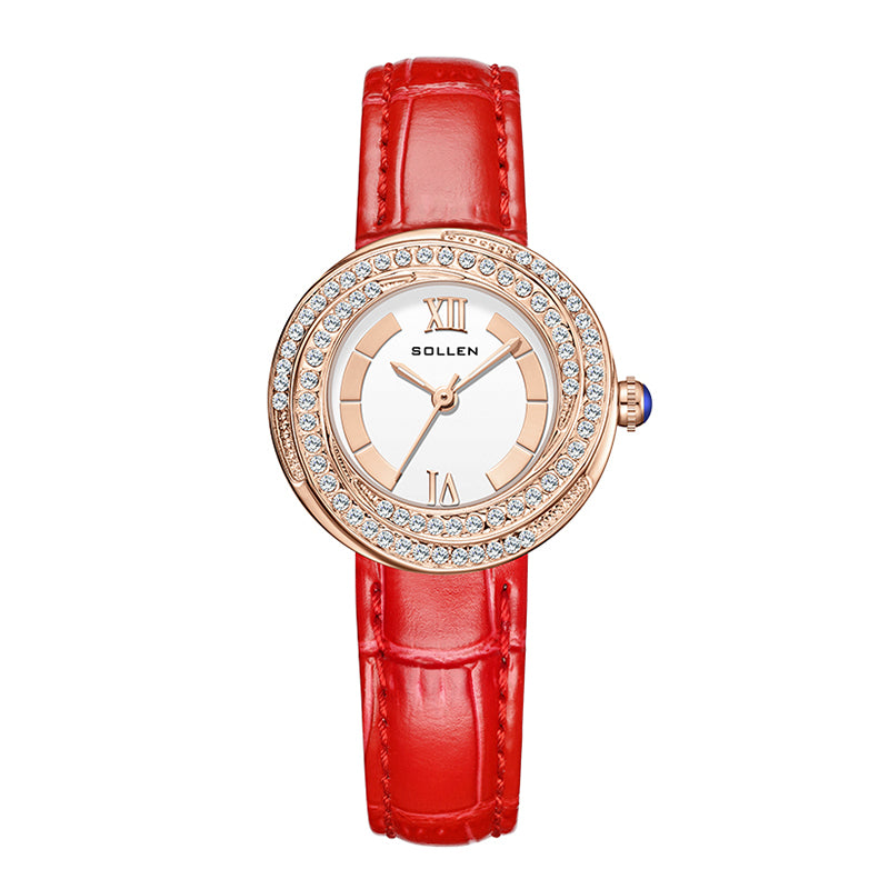 Sollen SL450 Women's Quartz Watch - 33.5mm Crystal Bezel Enamel Roman Dial Genuine Leather Strap Wristwatch
