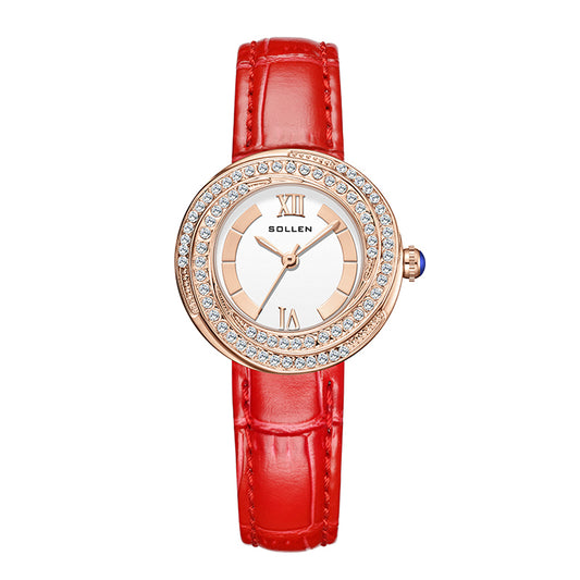 Sollen SL450 Quartz Watch - Women's Genuine Leather Round Crystal-Bezel Wristwatch