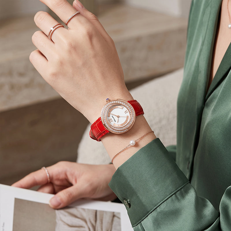Sollen SL450 Women's Quartz Watch - 33.5mm Crystal Bezel Enamel Roman Dial Genuine Leather Strap Wristwatch