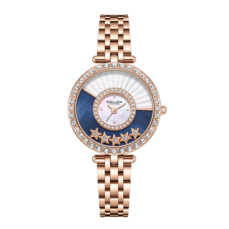 Sollen SL453 Quartz Watch - Women's Stainless Steel Link Bracelet Celestial Dial with Moving Stars