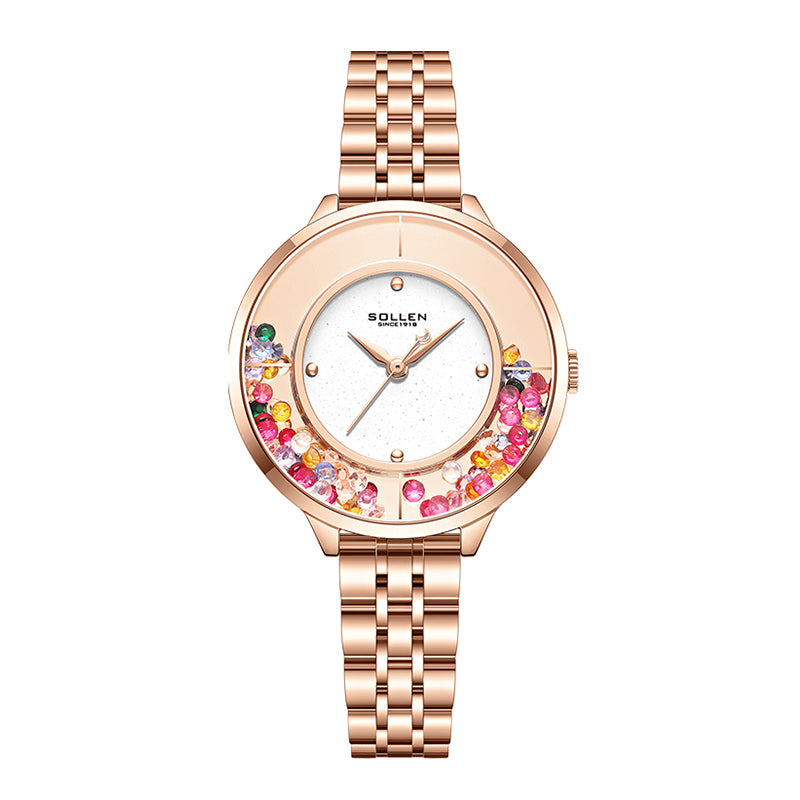 Sollen SL455 Quartz Watch - Women's Stainless Steel Bracelet Starry Enamel Dial with Floating Beads