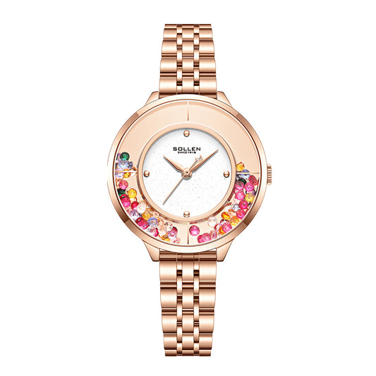 Sollen SL455 Quartz Watch - Women's Stainless Steel Bracelet Starry Enamel Dial with Floating Beads