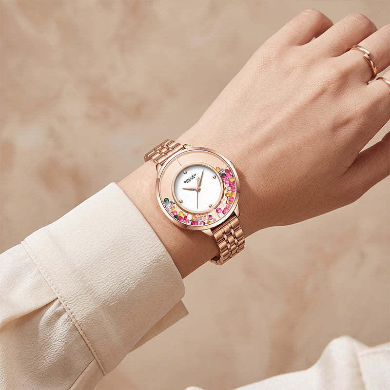 Sollen SL455 Quartz Watch - Women's Stainless Steel Bracelet Starry Enamel Dial with Floating Beads