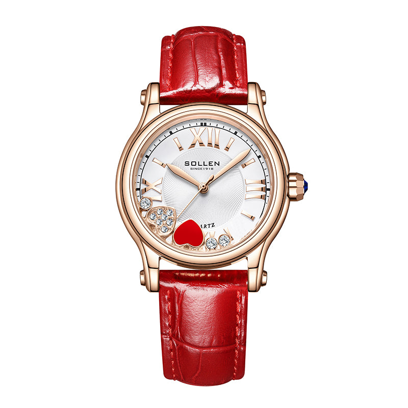 Sollen SL456 Quartz Watch - Women's Genuine Leather Round Wristwatch with Floating Heart Charms