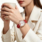 Sollen SL456 Quartz Watch - Women's Genuine Leather Round Wristwatch with Floating Heart Charms