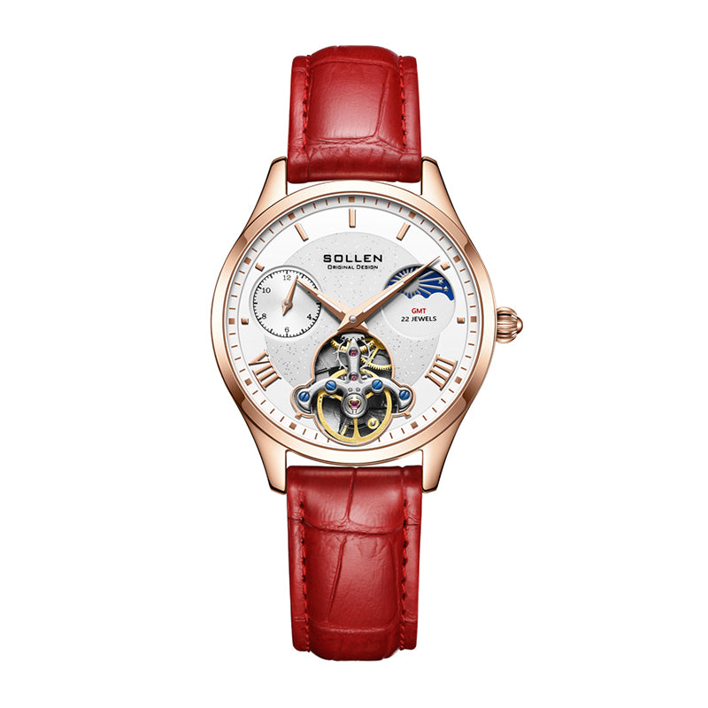 Sollen SL462 Multi-Function Automatic Watch - Women's Genuine Leather Open-Heart Flywheel Wristwatch