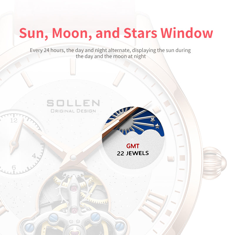 Sollen SL462 Multi-Function Automatic Watch - Women's Genuine Leather Open-Heart Flywheel Wristwatch