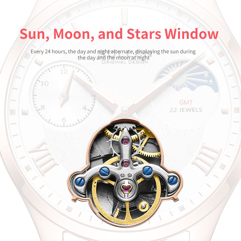 Sollen SL462 Multi-Function Automatic Watch - Women's Genuine Leather Open-Heart Flywheel Wristwatch