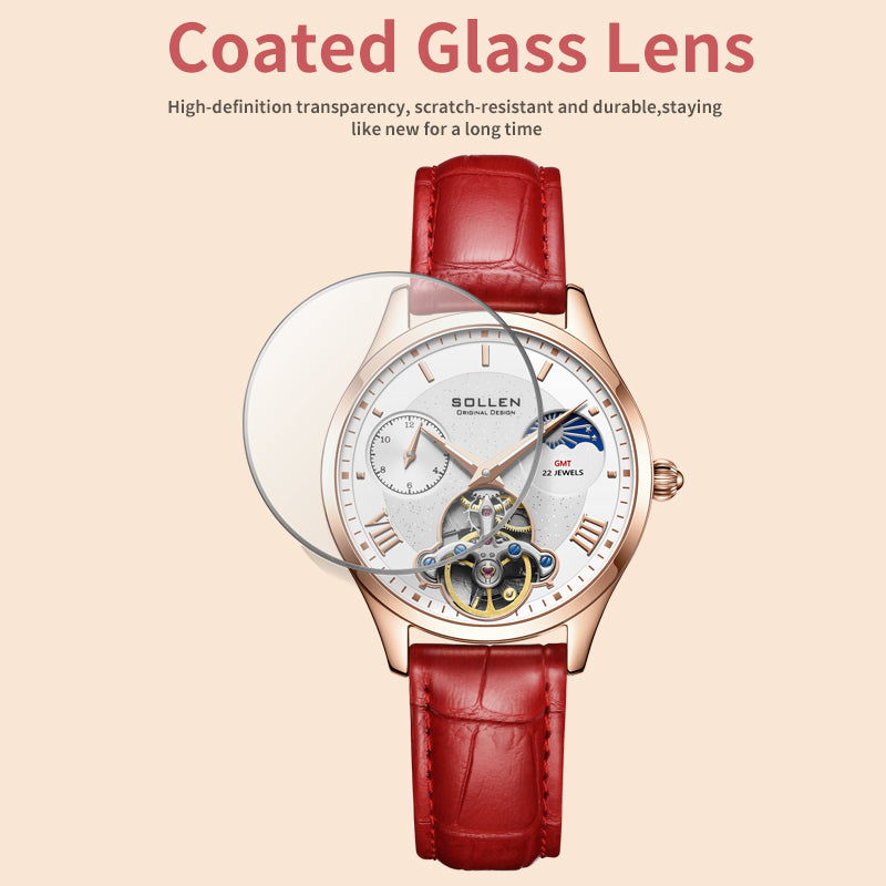 Sollen SL462 Multi-Function Automatic Watch - Women's Genuine Leather Open-Heart Flywheel Wristwatch