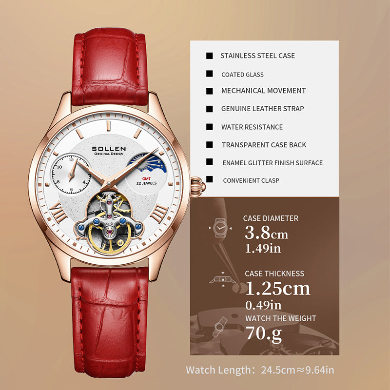 Sollen SL462 Multi-Function Automatic Watch - Women's Genuine Leather Open-Heart Flywheel Wristwatch