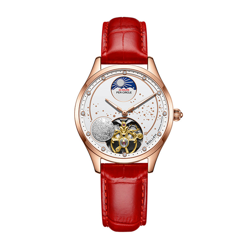 Sollen SL465 Multi-Function Automatic Watch - Women's Genuine Leather Open-Heart Flywheel Wristwatch