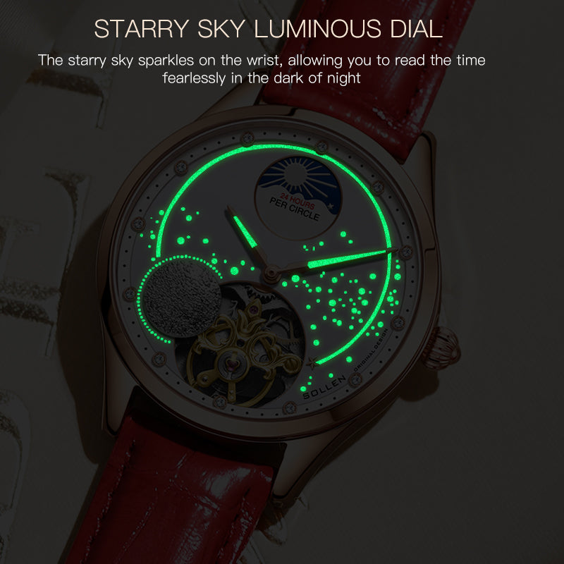 Sollen SL465 Multi-Function Automatic Watch - Women's Genuine Leather Open-Heart Flywheel Wristwatch