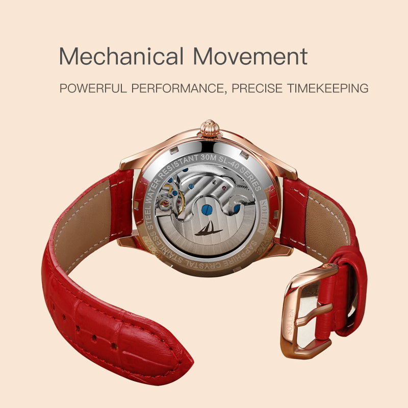 Sollen SL465 Multi-Function Automatic Watch - Women's Genuine Leather Open-Heart Flywheel Wristwatch