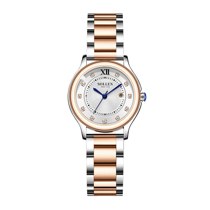 Sollen SL469 Women's Quartz Watch - 33mm Dial 11 Zirconia Markers Blue Sword Hands Two-Tone Stainless Steel Bracelet Wristwatch