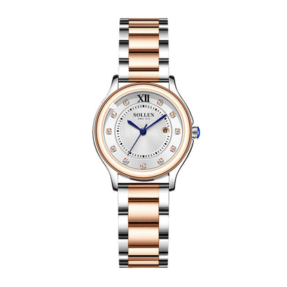 Sollen SL469 Women's Quartz Watch - 33mm Dial 11 Zirconia Markers Blue Sword Hands Two-Tone Stainless Steel Bracelet Wristwatch