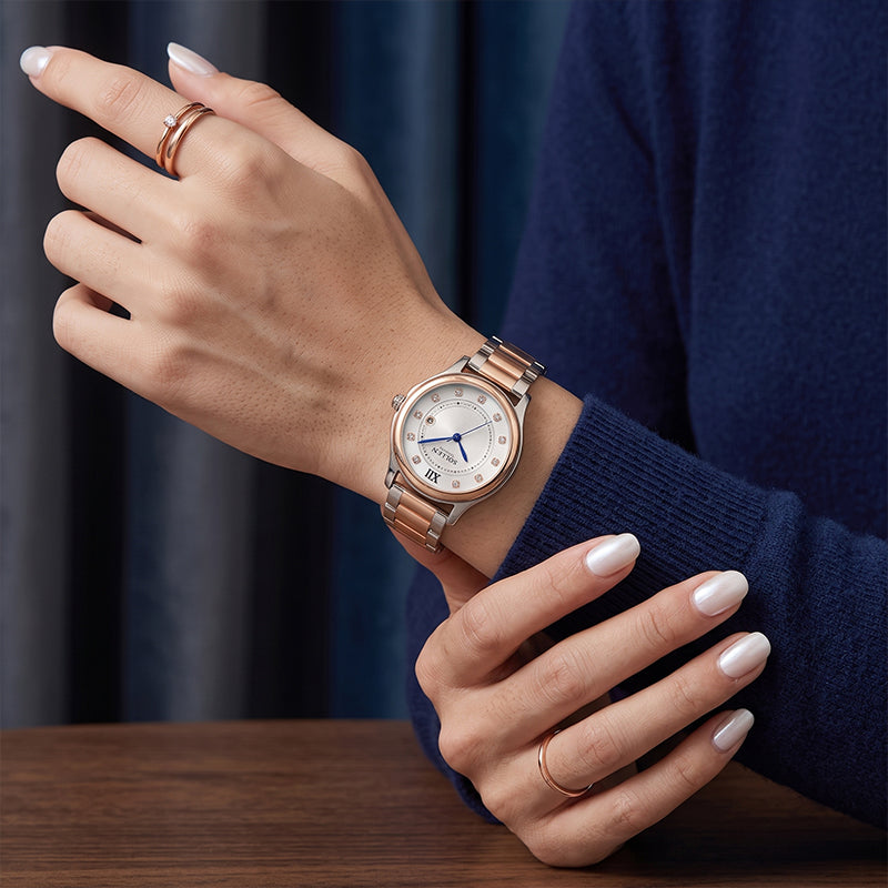 Sollen SL469 Women's Quartz Watch - 33mm Dial 11 Zirconia Markers Blue Sword Hands Two-Tone Stainless Steel Bracelet Wristwatch