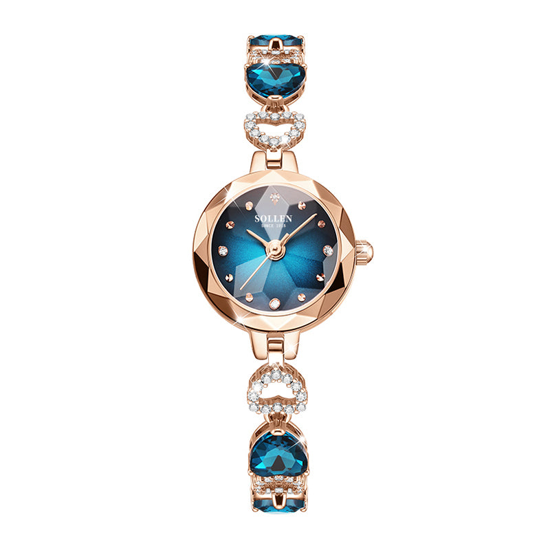 Sollen SL470 Quartz Watch - Women's Oval Peacock Blue Dial Faceted Prismatic Glass Jewelry Bracelet Wristwatch