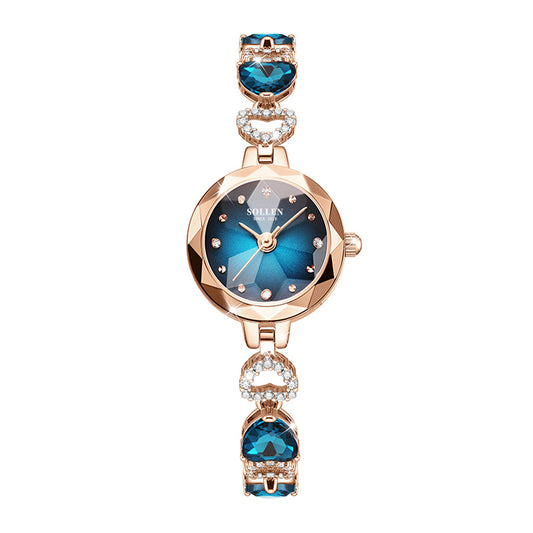 Sollen SL470 Quartz Watch - Women's Oval Peacock Blue Dial Faceted Prismatic Glass Jewelry Bracelet Wristwatch