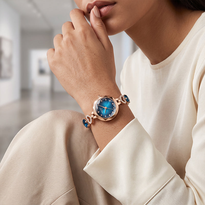 Sollen SL470 Quartz Watch - Women's Oval Peacock Blue Dial Faceted Prismatic Glass Jewelry Bracelet Wristwatch