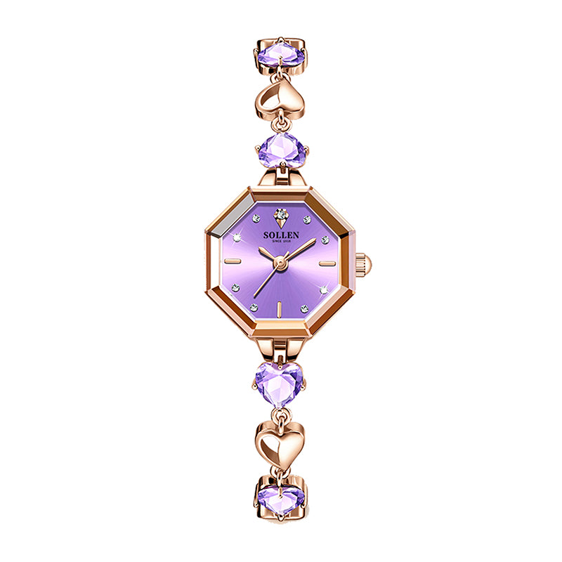 Sollen SL471 Quartz Watch - Women's Rose Gold Purple Chalcedony Jewelry Bracelet Faceted Glass Wristwatch