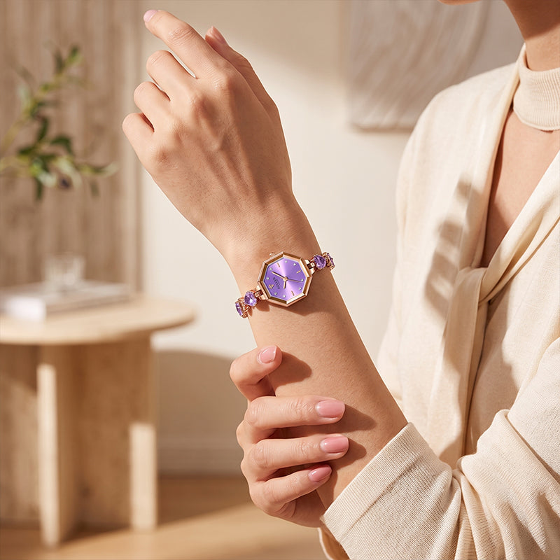 Sollen SL471 Quartz Watch - Women's Rose Gold Purple Chalcedony Jewelry Bracelet Faceted Glass Wristwatch