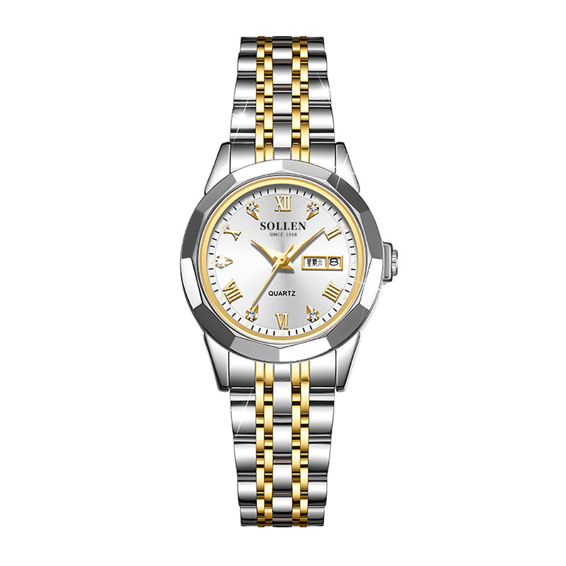 Sollen SL472 Women's Quartz Watch - 27mm Sunray Dial Day Date Luminous Two-Tone Stainless Steel Bracelet Wristwatch