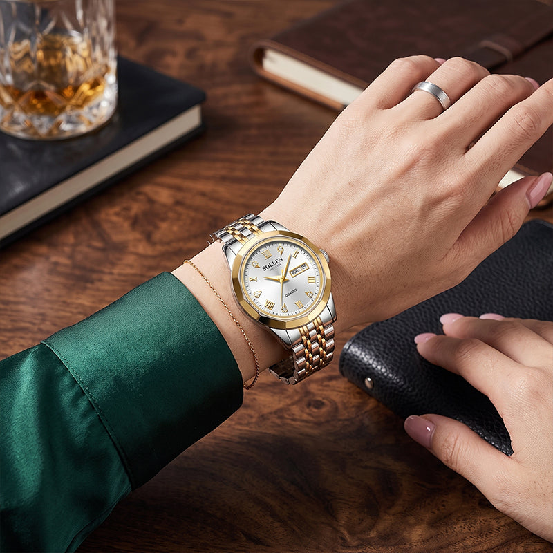 Sollen SL472 Women's Quartz Watch - 27mm Sunray Dial Day Date Luminous Two-Tone Stainless Steel Bracelet Wristwatch