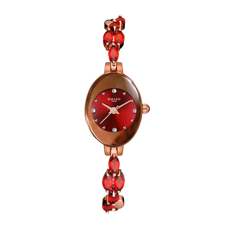 Sollen SL473 Quartz Watch - Women's Oval Wine Red Dial Rhombic Chalcedony Jewelry Bracelet Wristwatch