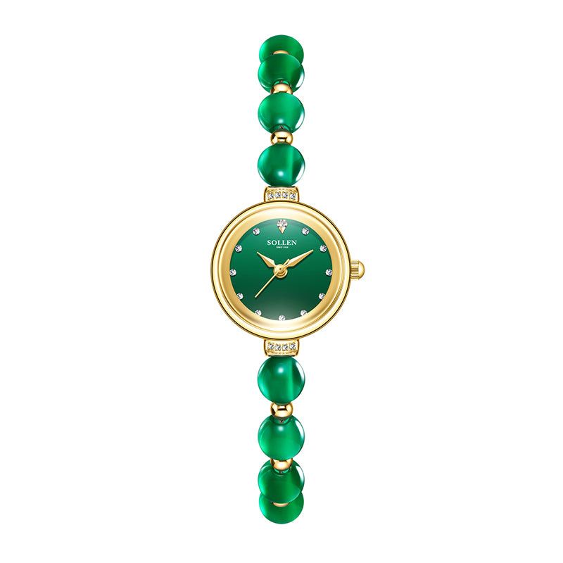 Sollen SL475 Quartz Watch - Women's Gold Green Chalcedony Beaded Bracelet Genuine Diamond Wristwatch