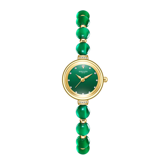 Sollen SL475 Quartz Watch - Women's Gold Green Chalcedony Beaded Bracelet Genuine Diamond Wristwatch