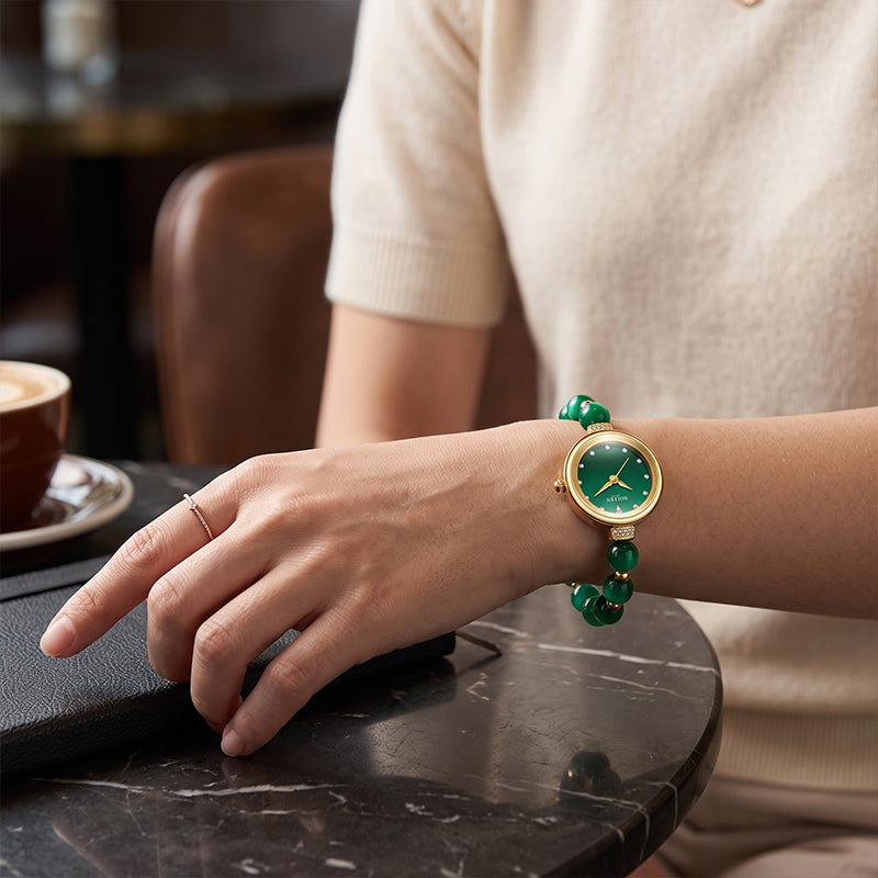 Sollen SL475 Quartz Watch - Women's Gold Green Chalcedony Beaded Bracelet Genuine Diamond Wristwatch
