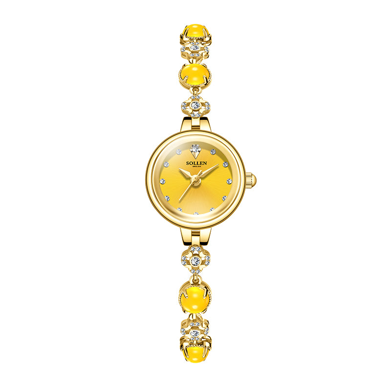 Sollen SL476 Quartz Watch - Women's Gold Yellow Chalcedony Jewelry Bracelet Genuine Diamond Wristwatch