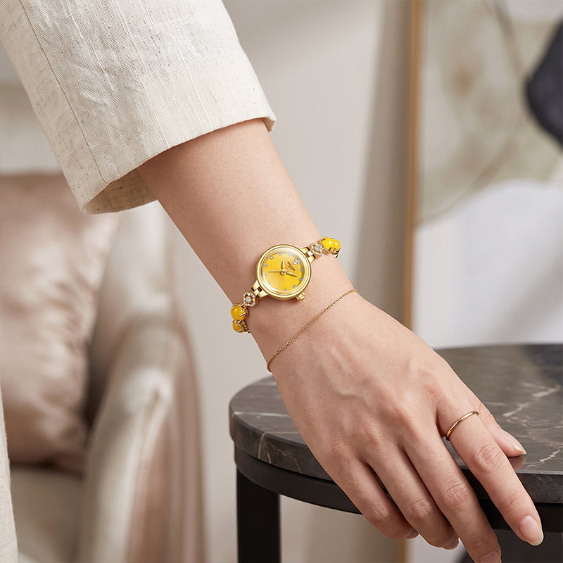 Sollen SL476 Quartz Watch - Women's Gold Yellow Chalcedony Jewelry Bracelet Genuine Diamond Wristwatch