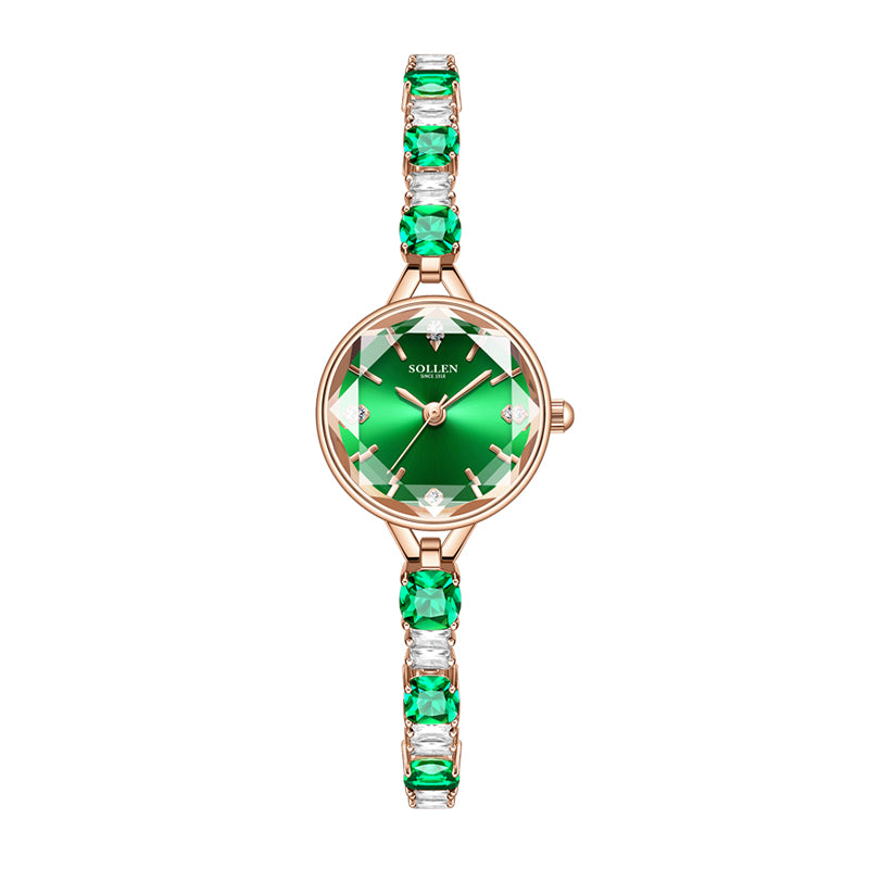 Sollen SL478 Quartz Watch - Women's Rose Gold Ice Green Dial Prismatic Glass Jewelry Bracelet Wristwatch