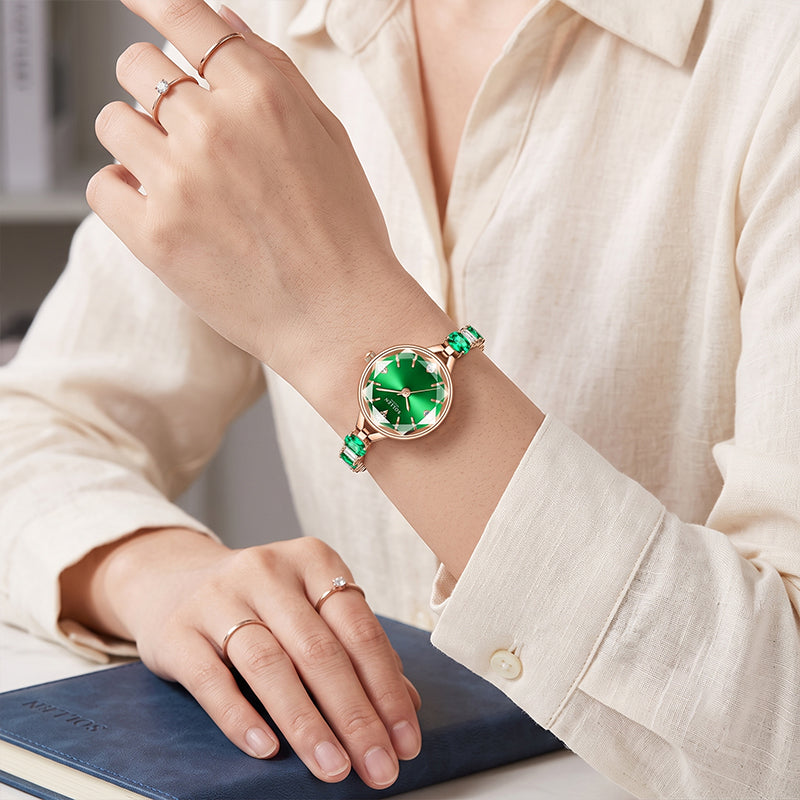 Sollen SL478 Quartz Watch - Women's Rose Gold Ice Green Dial Prismatic Glass Jewelry Bracelet Wristwatch