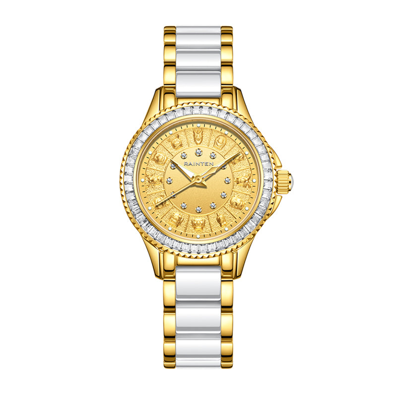 Sollen SL488 Automatic Watch - Women's Steel & Ceramic Bracelet Gold-Wrapped Genuine Diamond Wristwatch