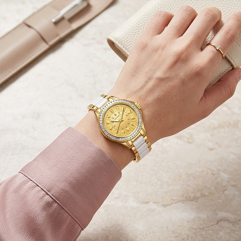 Sollen SL488 Automatic Watch - Women's Steel & Ceramic Bracelet Gold-Wrapped Genuine Diamond Wristwatch