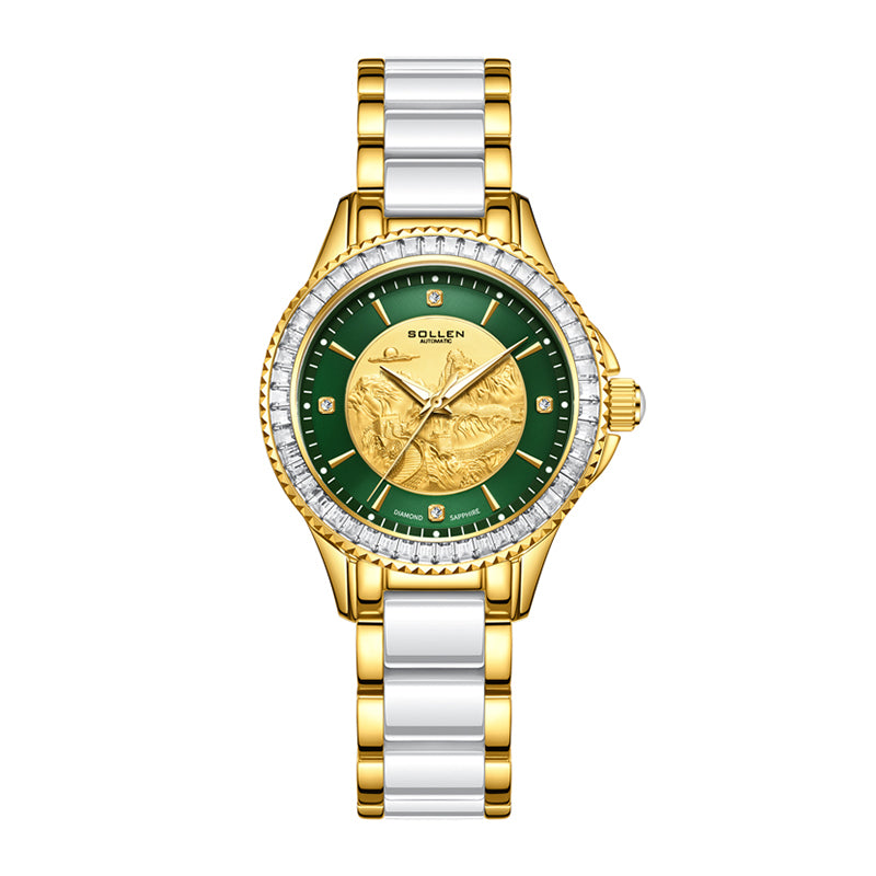 Rainten RT490 Automatic Watch - Women's Two-Tone Stainless Steel & Ceramic Bracelet Embossed Great Wall Gold Dial