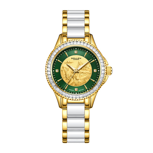 Rainten RT490 Automatic Watch - Women's Two-Tone Stainless Steel & Ceramic Bracelet Embossed Great Wall Gold Dial