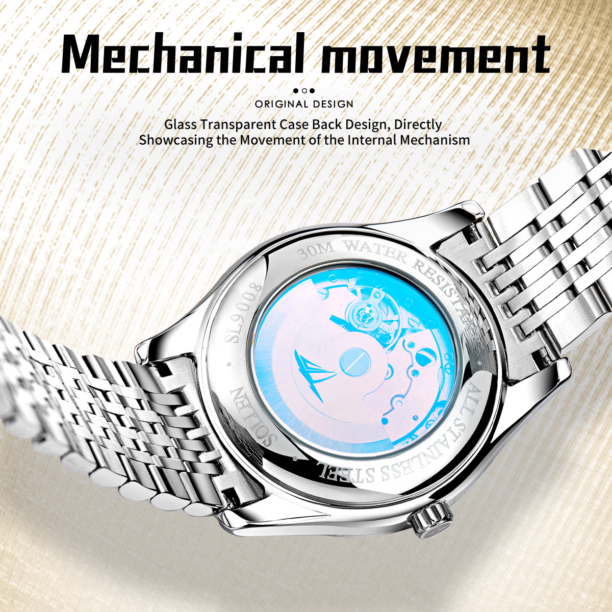 Sollen 9008 Automatic Watch - Men's Sunray Dial Slim Profile 9-Bead Stainless Steel Bracelet Wristwatch