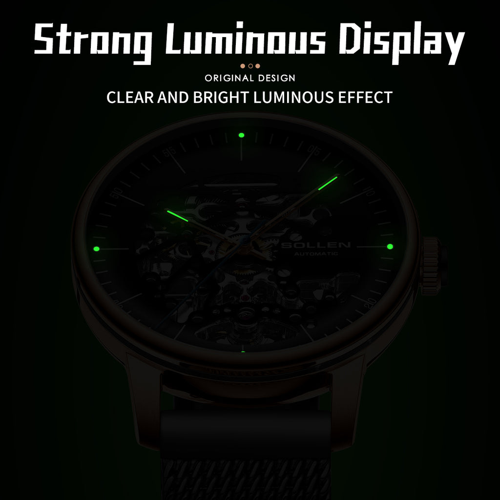 Sollen SL202 Men's Full Skeleton Automatic Mechanical Watch - 42mm Stainless Steel Case Frosted Open Dial Luminous Hands Wristwatch