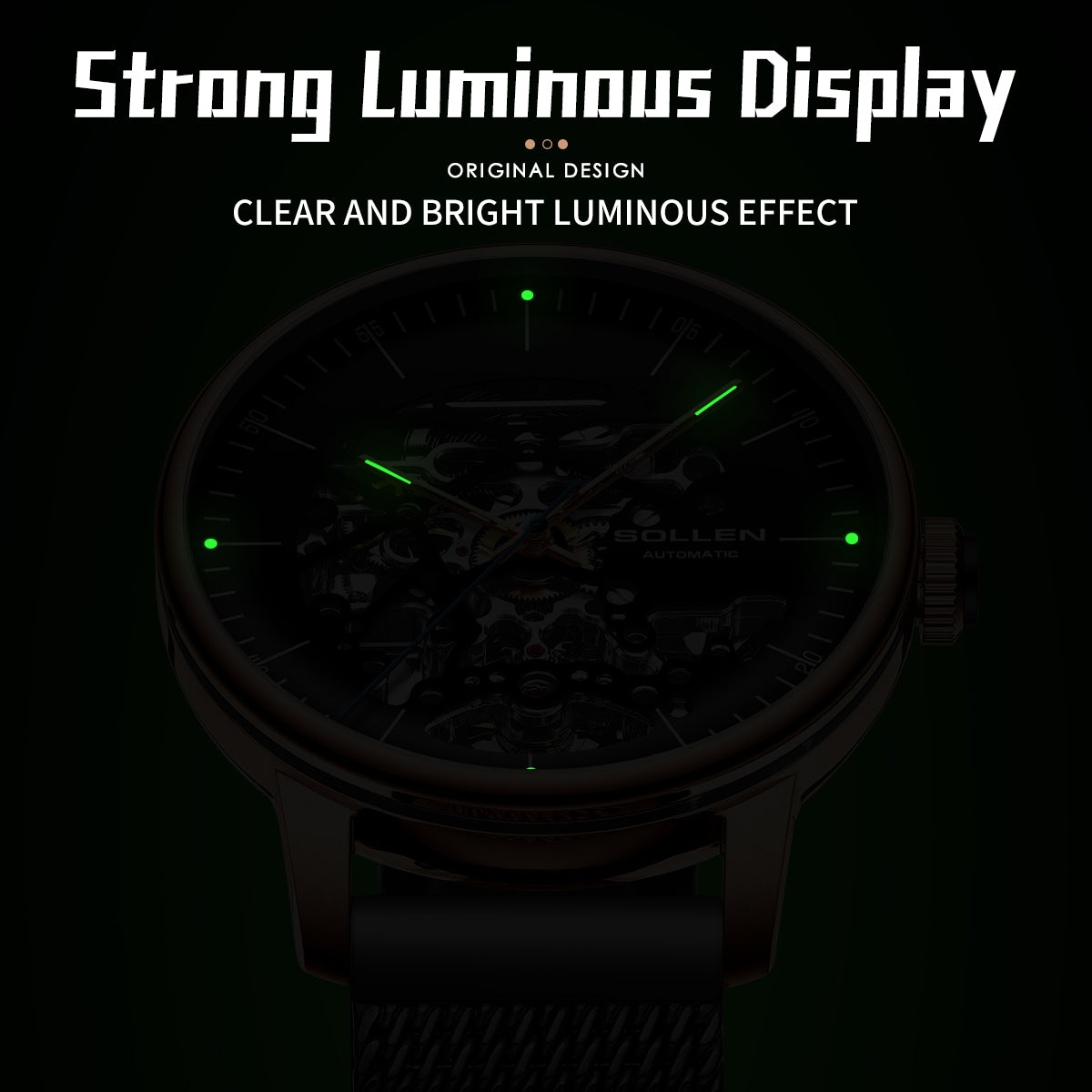 Sollen SL202 Men's Full Skeleton Automatic Mechanical Watch - 42mm Stainless Steel Case Frosted Open Dial Luminous Hands Wristwatch